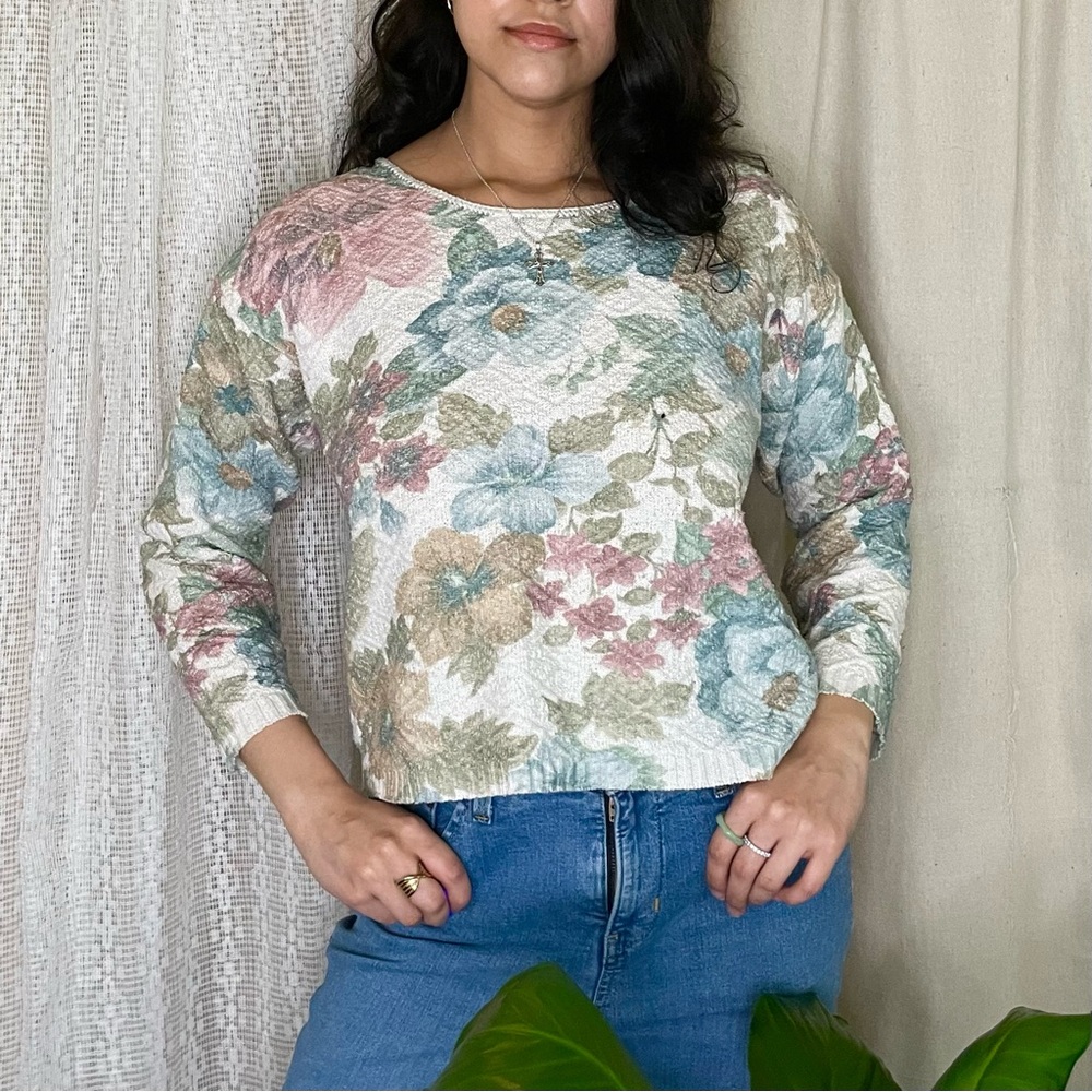 vintage blue morgan floral textured tapestry quarter sleeve sweater